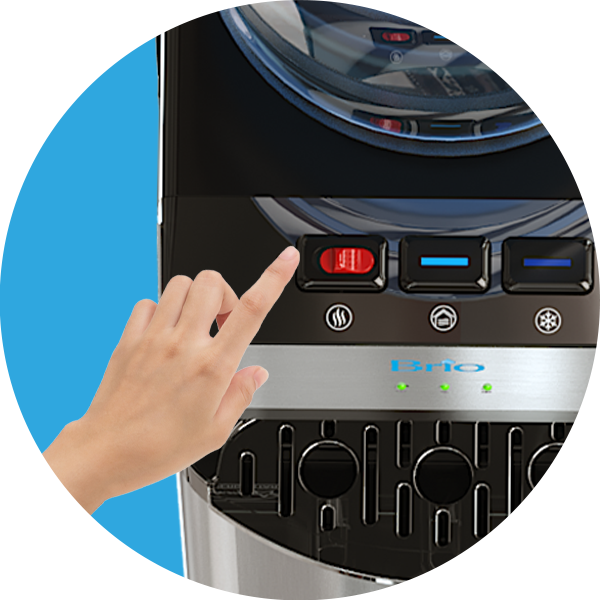 A hand is about to press a red button on a sleek, modern water dispenser with black and silver accents, set against a blue background.
